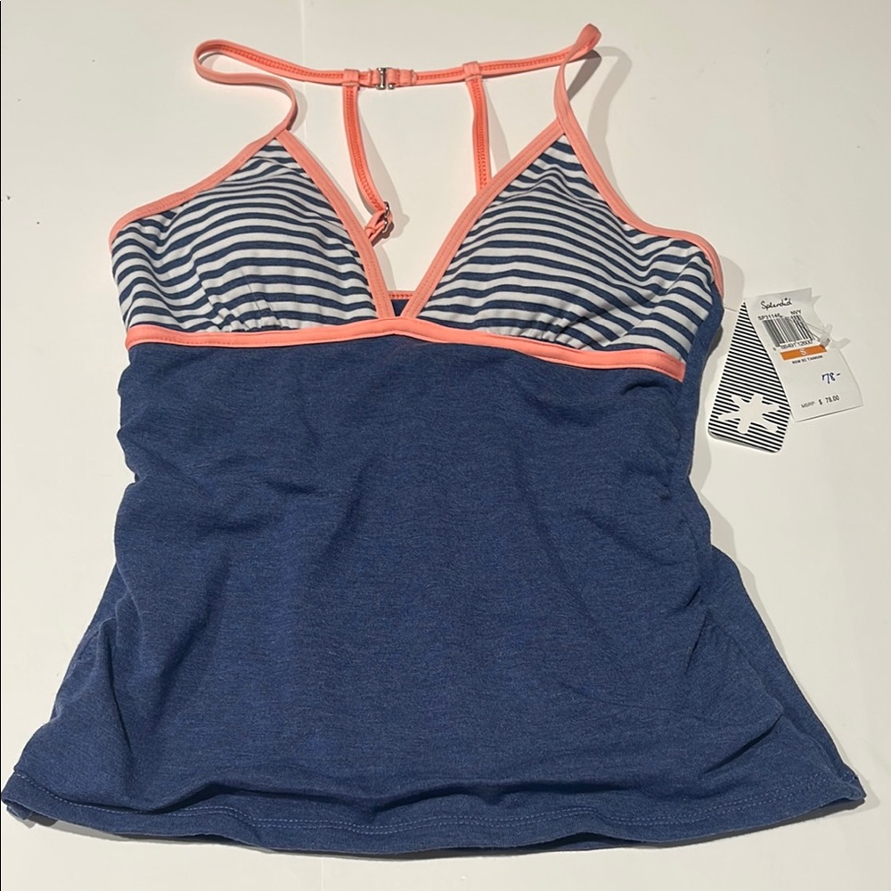 Splendid peach halter navy white tankini bathing suit top small NWT